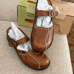 Naot Tan Leather Buckle Strap mules, size 41